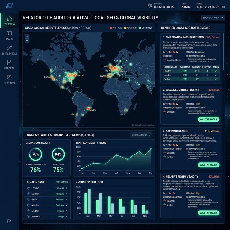 Interface de sistema web com painel administrativo e indicadores operacionais